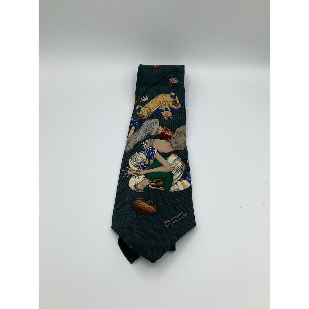 VTG Brown & Bigelow Norman Rockwell Football Pile Tie Green 100% Silk 1996 NWT